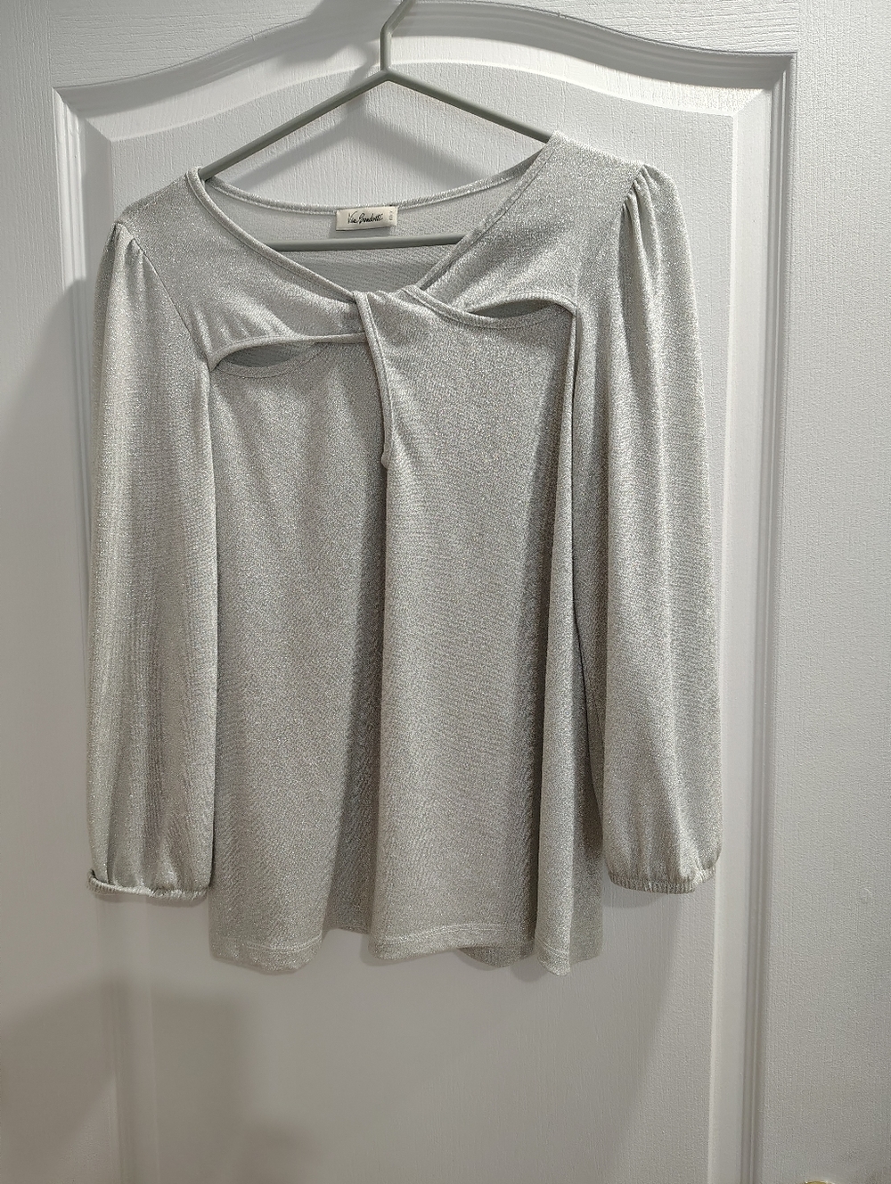 Via Condotti Metallic Silver Twist-Front Long Sleeve Top
